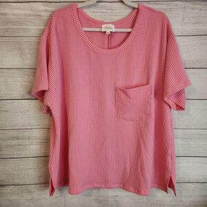 Andree by Unit Pink 1x ribbed short sleeve w front pocket casual shirt